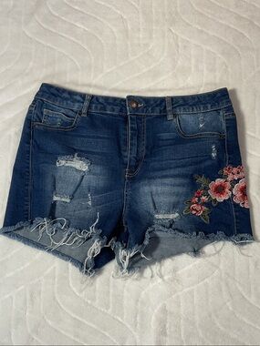 Wax Jean Dark Blue Denim Floral Embroidered Distressed Shorts
